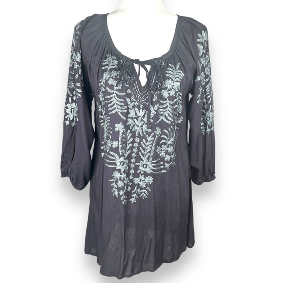 Peasant Womens Embroidered Tunic Top Size Small Viscose Cottage Indie Artsy Boho - Picture 1 of 11